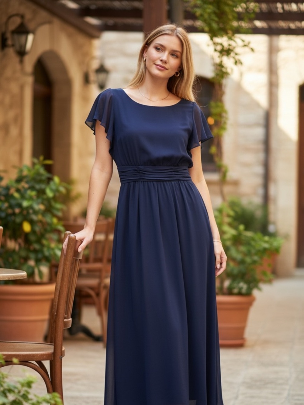 Chaps Navy Chiffon Formal Dress with Ruching
